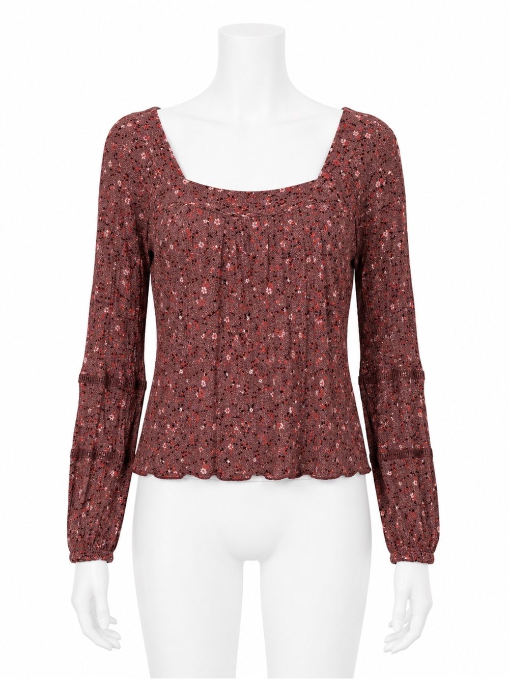 Knox Rose Boho Floral Long Sleeve Tunic Top Burgundy Red Medium